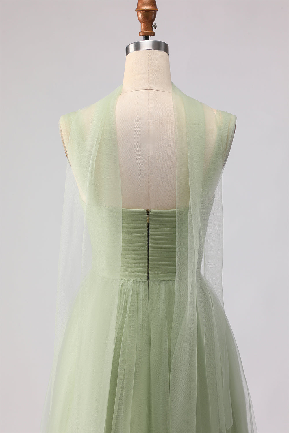 Dusty Sage Tulle Spaghetti Straps Tiered Maxi Bridesmaid Dress