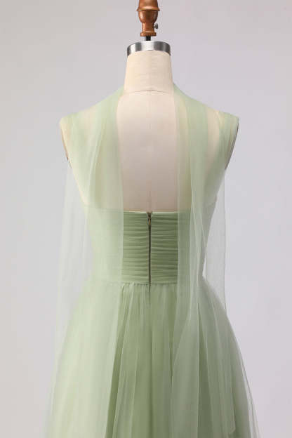 Dusty Sage Tulle Spaghetti Straps Tiered Maxi Bridesmaid Dress