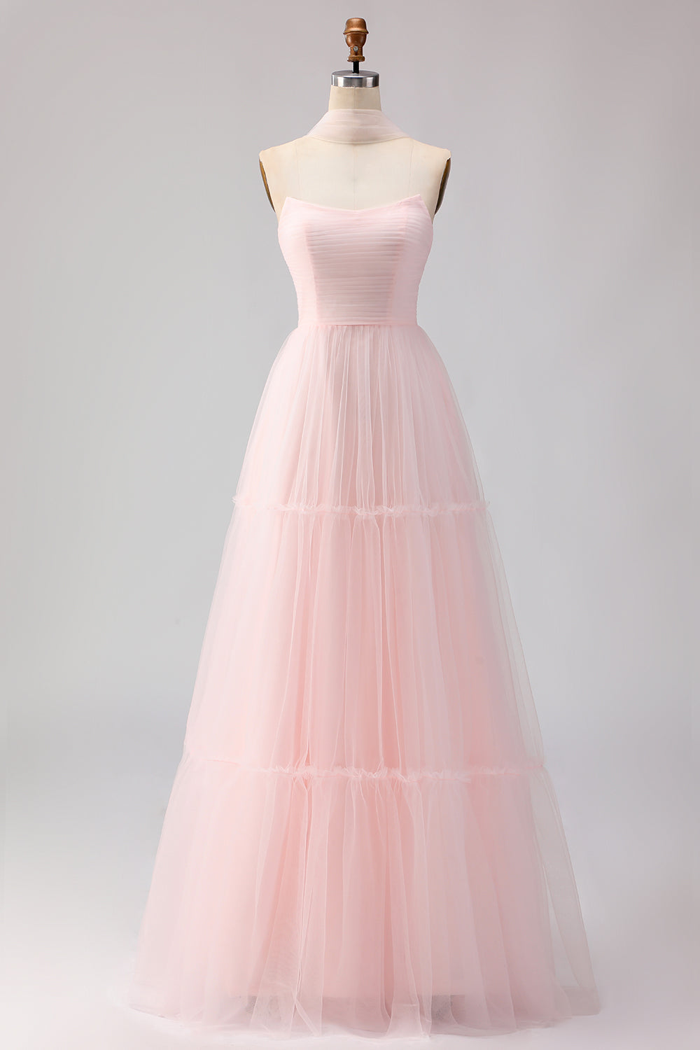 Blush Pink Neck Scarf A Line Tulle Maxi Bridesmaid Dress