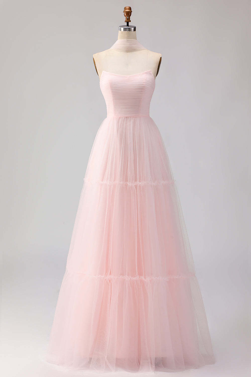 Blush Pink Neck Scarf A Line Tulle Maxi Bridesmaid Dress