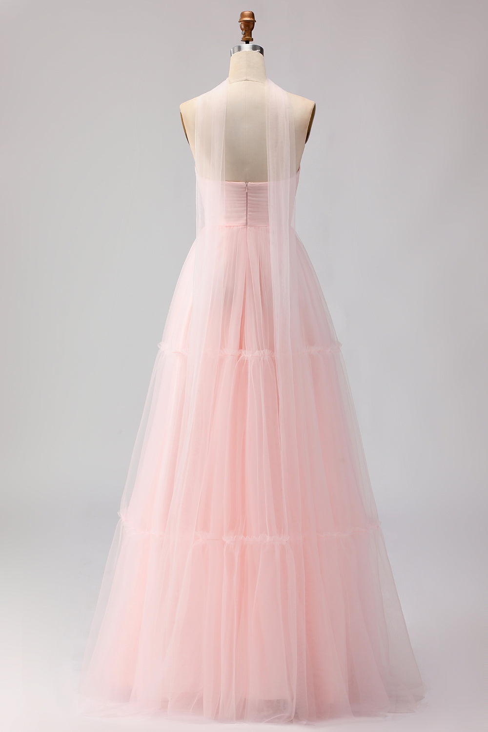 Blush Pink Neck Scarf A Line Tulle Maxi Bridesmaid Dress
