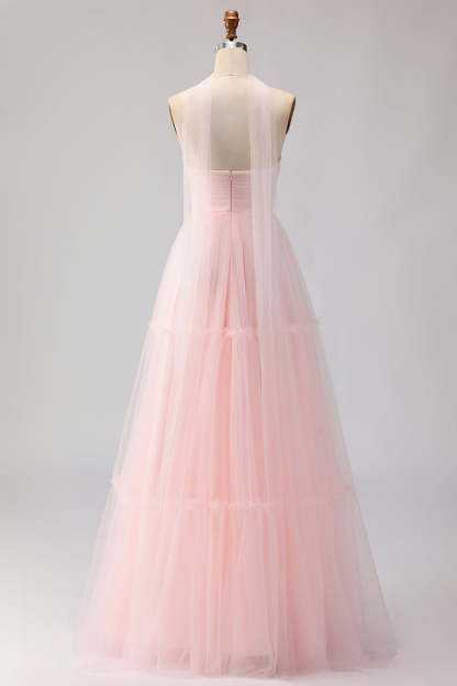 Blush Pink Neck Scarf A Line Tulle Maxi Bridesmaid Dress