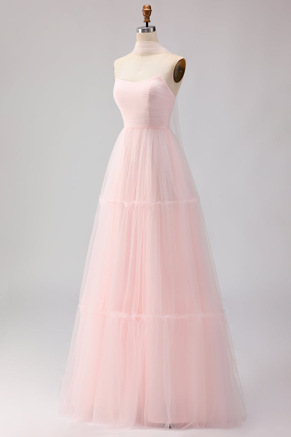 Blush Pink Neck Scarf A Line Tulle Maxi Bridesmaid Dress