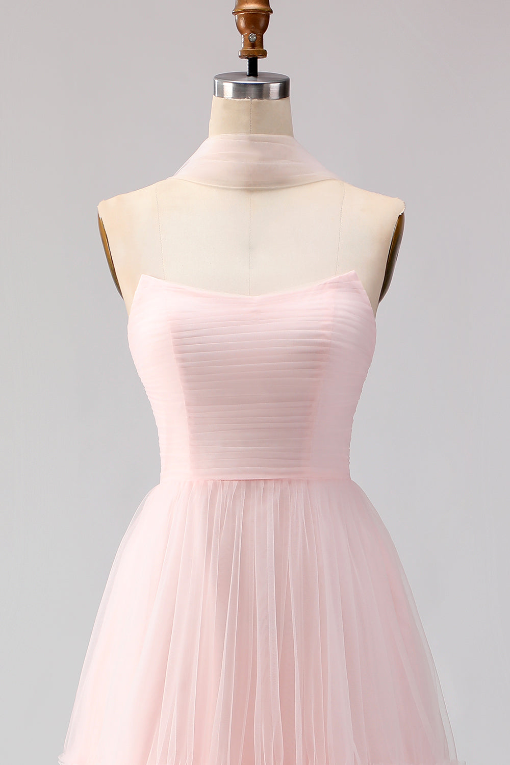 Blush Pink Neck Scarf A Line Tulle Maxi Bridesmaid Dress