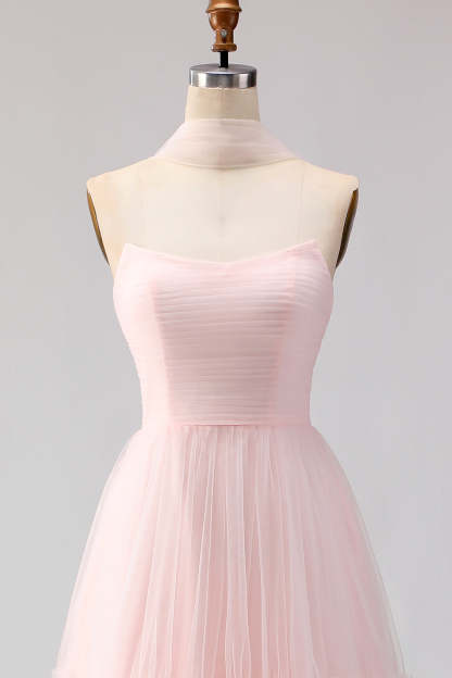 Blush Pink Neck Scarf A Line Tulle Maxi Bridesmaid Dress