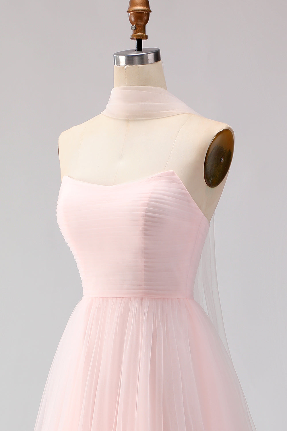 Blush Pink Neck Scarf A Line Tulle Maxi Bridesmaid Dress