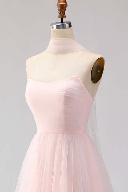 Blush Pink Neck Scarf A Line Tulle Maxi Bridesmaid Dress