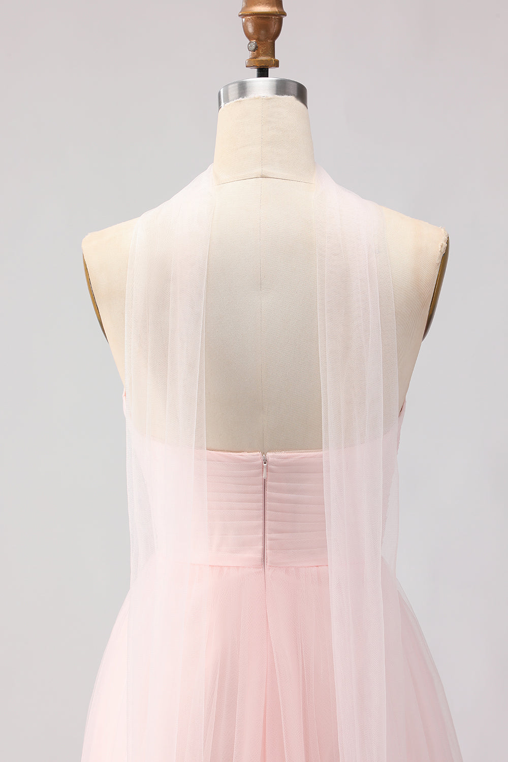 Blush Pink Neck Scarf A Line Tulle Maxi Bridesmaid Dress