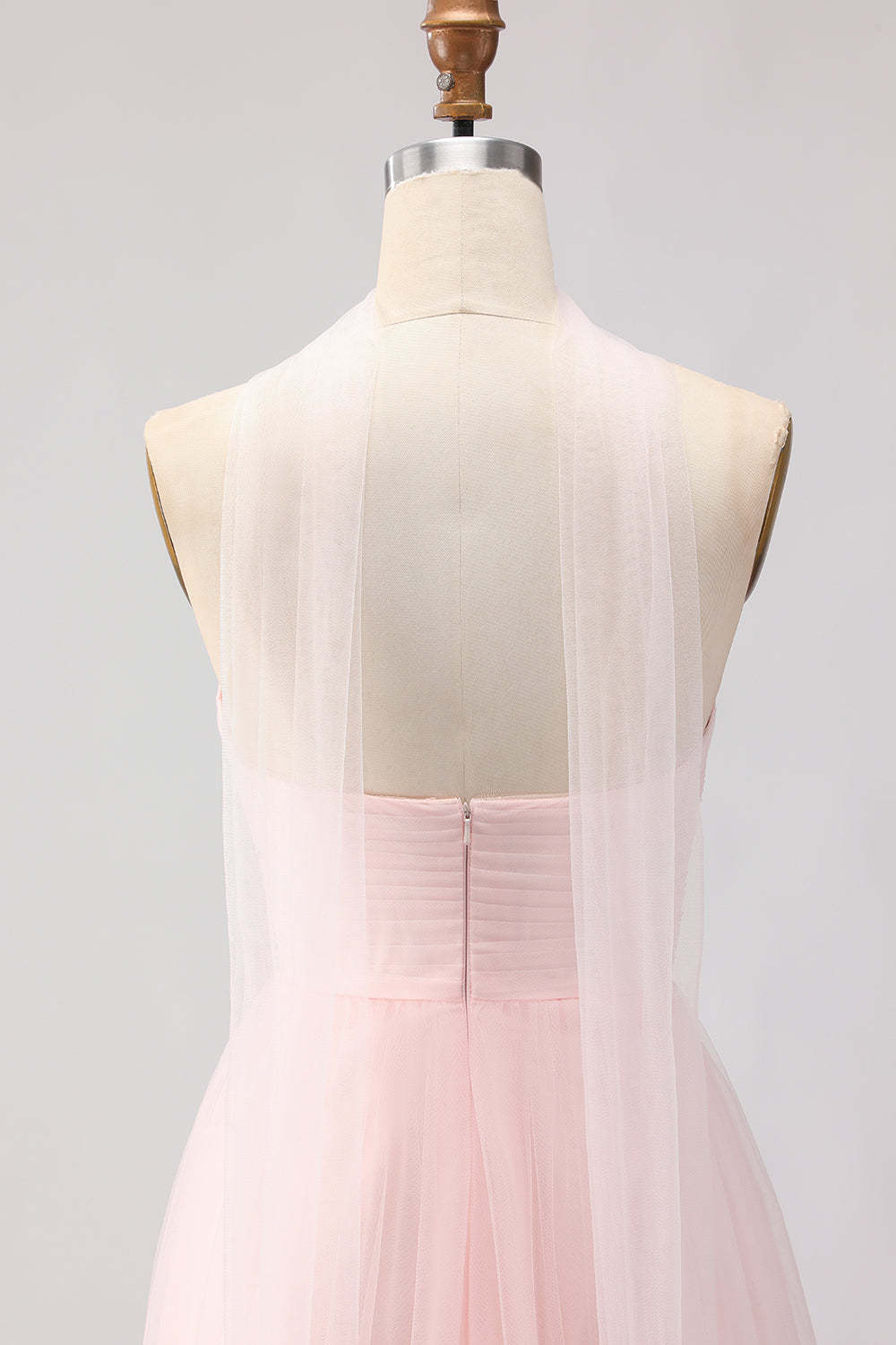 Blush Pink Neck Scarf A Line Tulle Maxi Bridesmaid Dress