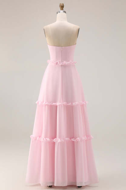 Blush Pink Chiffon Strapless A Line Long Bridesmaid Dress with Slit