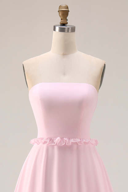 Blush Pink Chiffon Strapless A Line Long Bridesmaid Dress with Slit