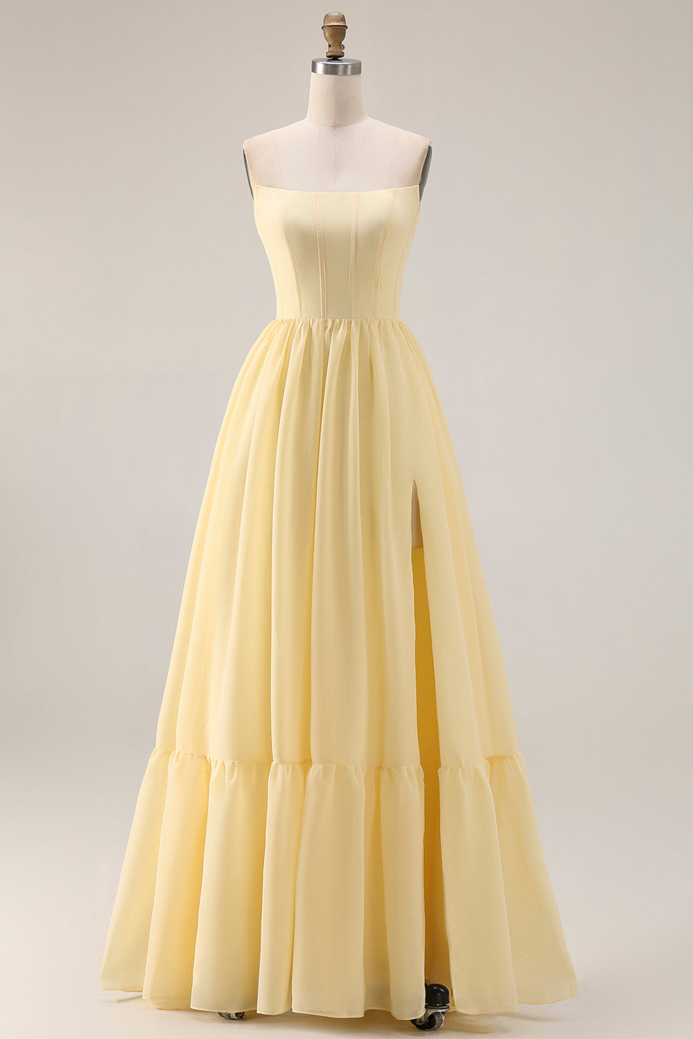 Yellow Strapless A Line Long Corset Bridesmaid Dress with Slit