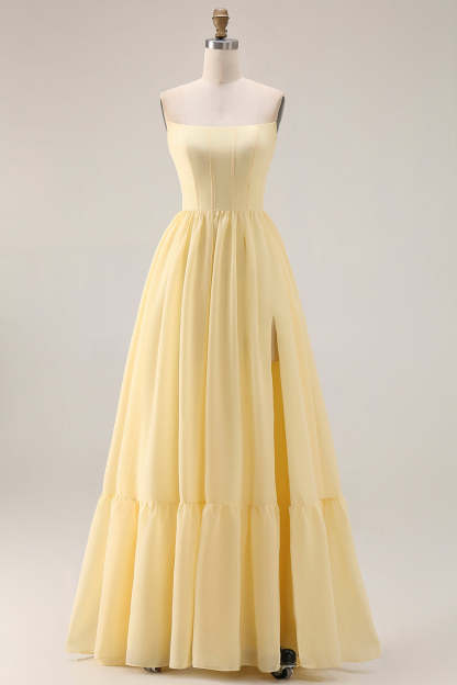 Leely Women Yellow Long Corset Bridesmaid Dress with Slit Chiffon Strapless A Line Wedding Guest Dress