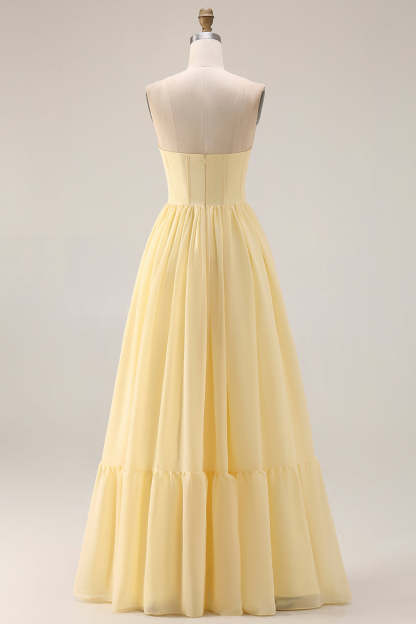 Yellow Strapless A Line Long Corset Bridesmaid Dress with Slit