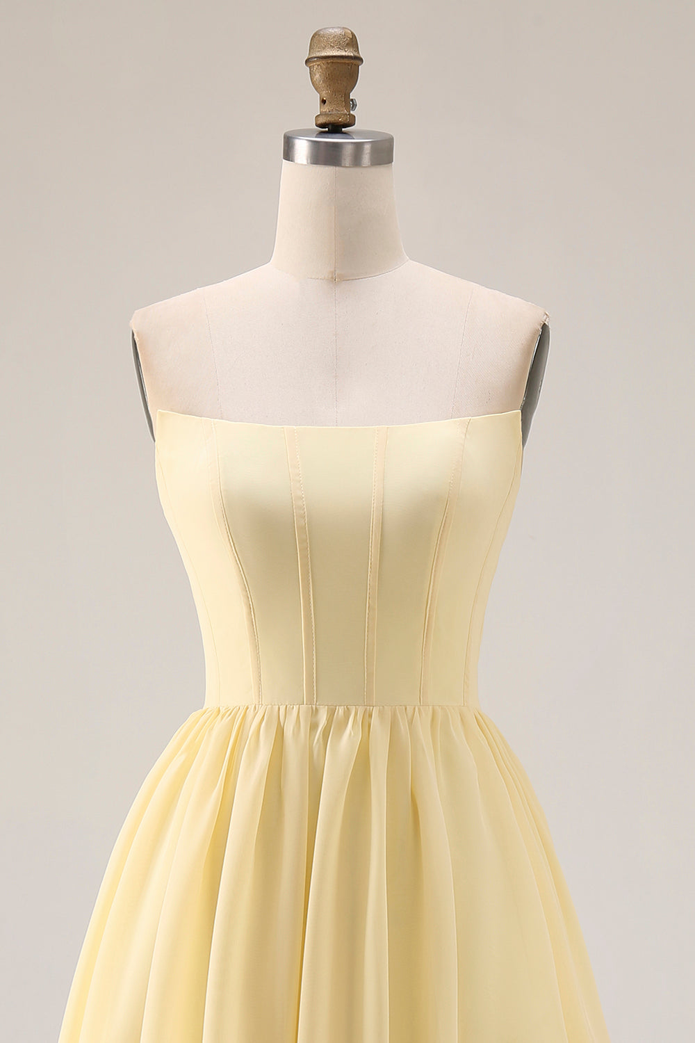Yellow Strapless A Line Long Corset Bridesmaid Dress with Slit