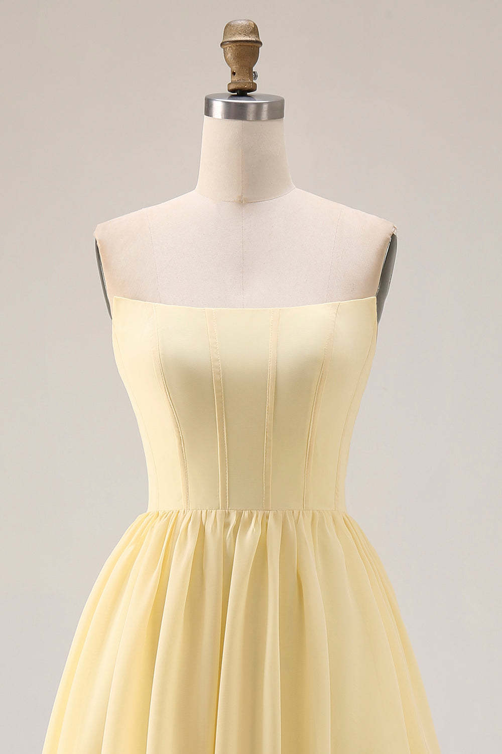 Yellow Strapless A Line Long Corset Bridesmaid Dress with Slit
