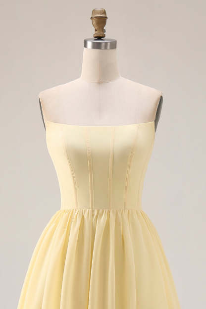 Yellow Strapless A Line Long Corset Bridesmaid Dress with Slit
