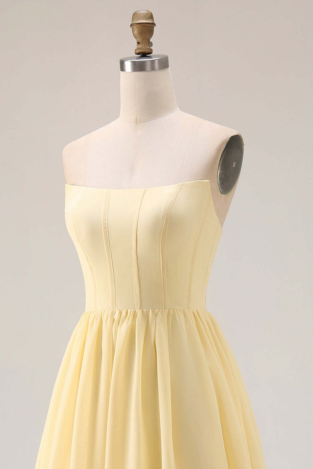Yellow Strapless A Line Long Corset Bridesmaid Dress with Slit