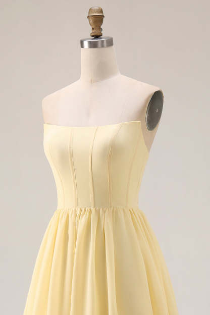 Yellow Strapless A Line Long Corset Bridesmaid Dress with Slit
