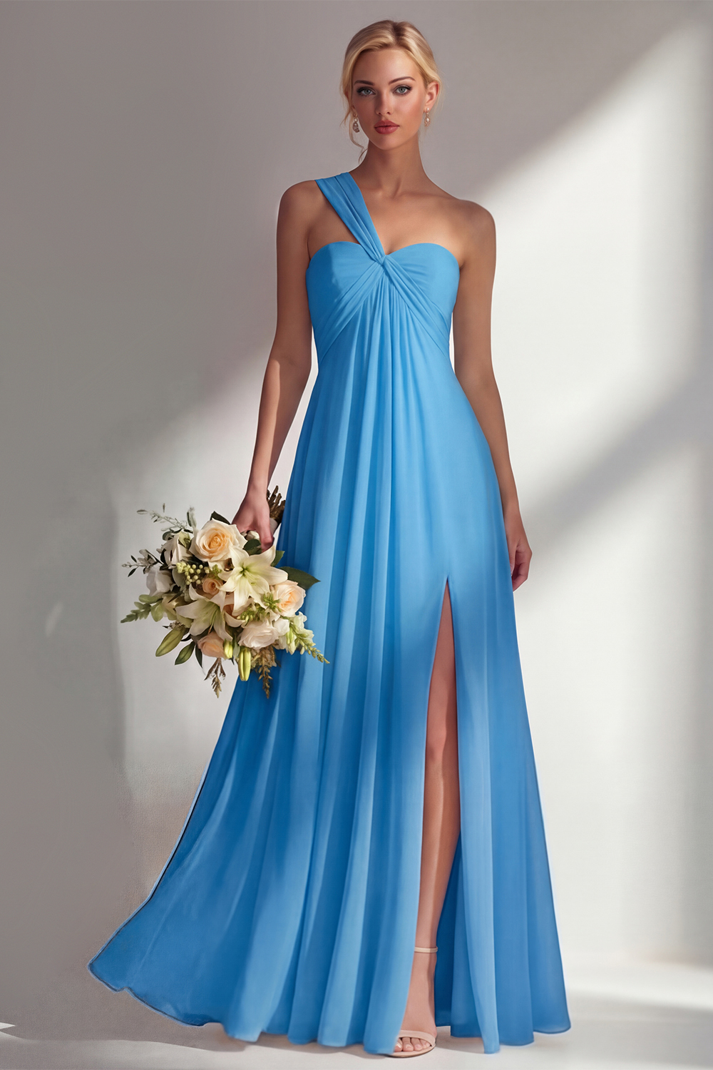 Yellow Chiffon Ruched Convertible Wear Backless A Line Long Bridesmaid Dress