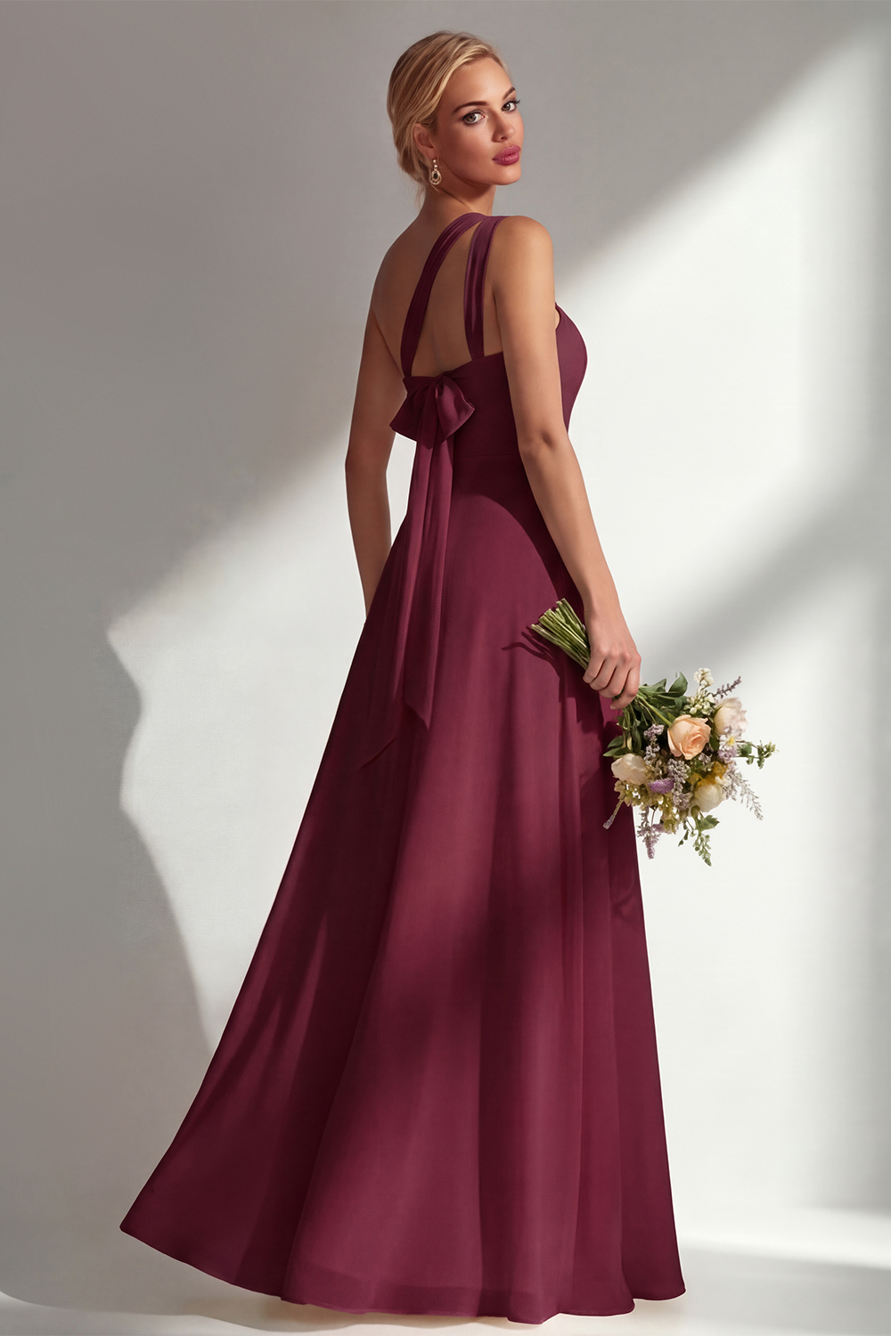 Yellow Chiffon Ruched Convertible Wear Backless A Line Long Bridesmaid Dress