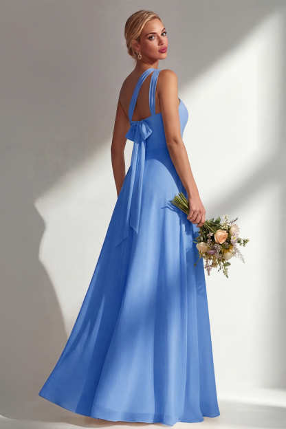 Yellow Chiffon Ruched Convertible Wear Backless A Line Long Bridesmaid Dress