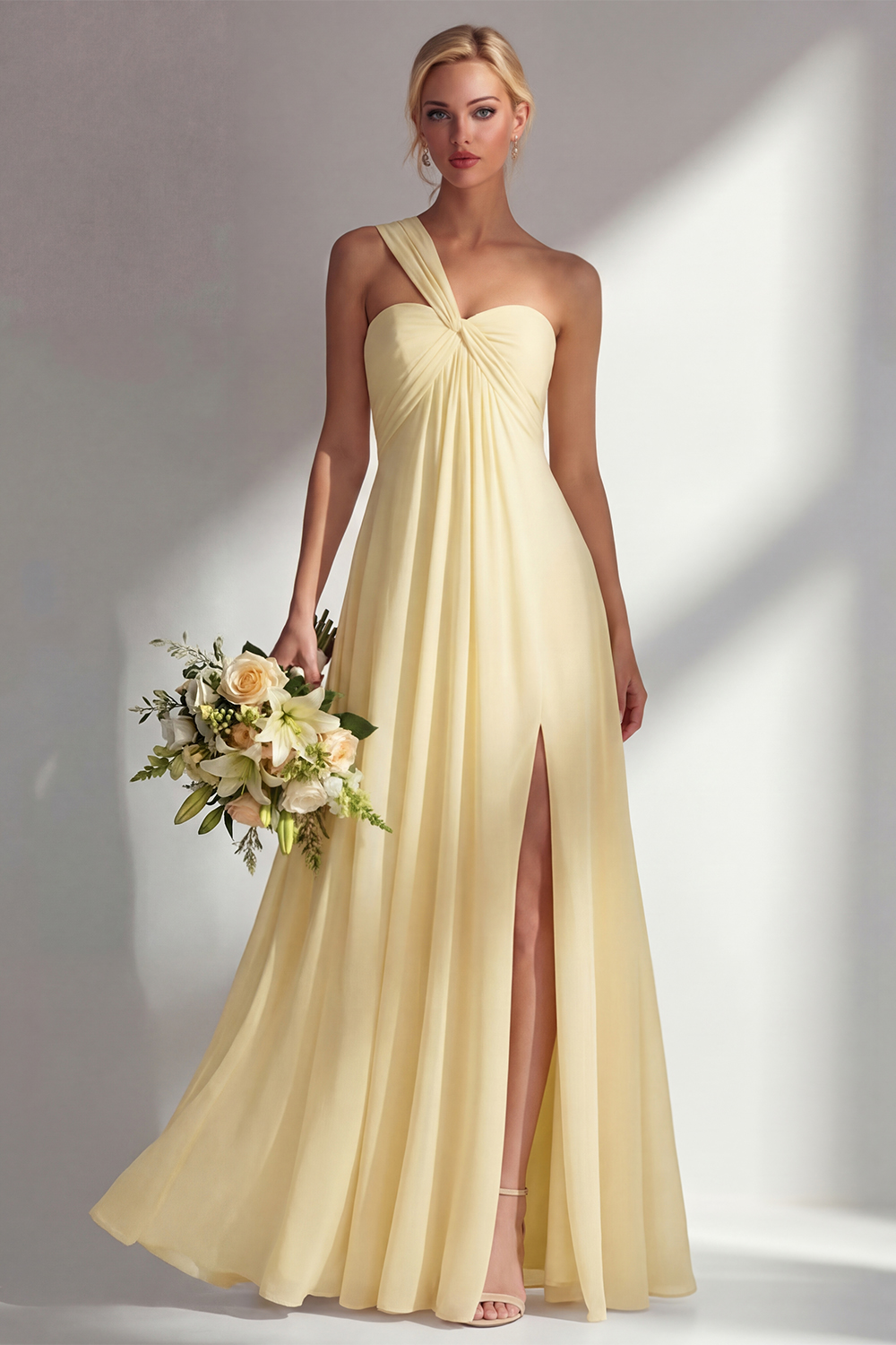 Yellow Chiffon Ruched Convertible Wear Backless A Line Long Bridesmaid Dress