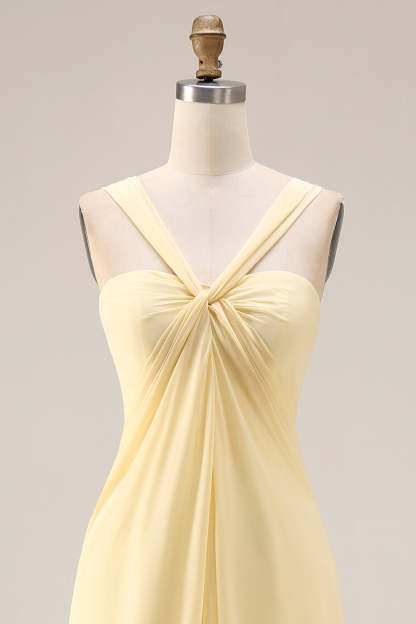 Yellow Chiffon Ruched Convertible Wear Backless A Line Long Bridesmaid Dress