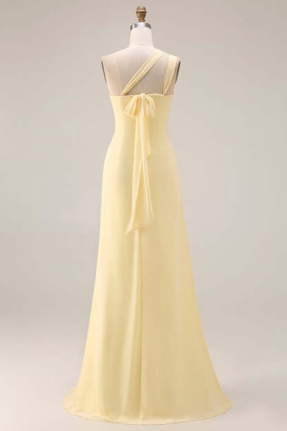 Yellow Chiffon Ruched Convertible Wear Backless A Line Long Bridesmaid Dress