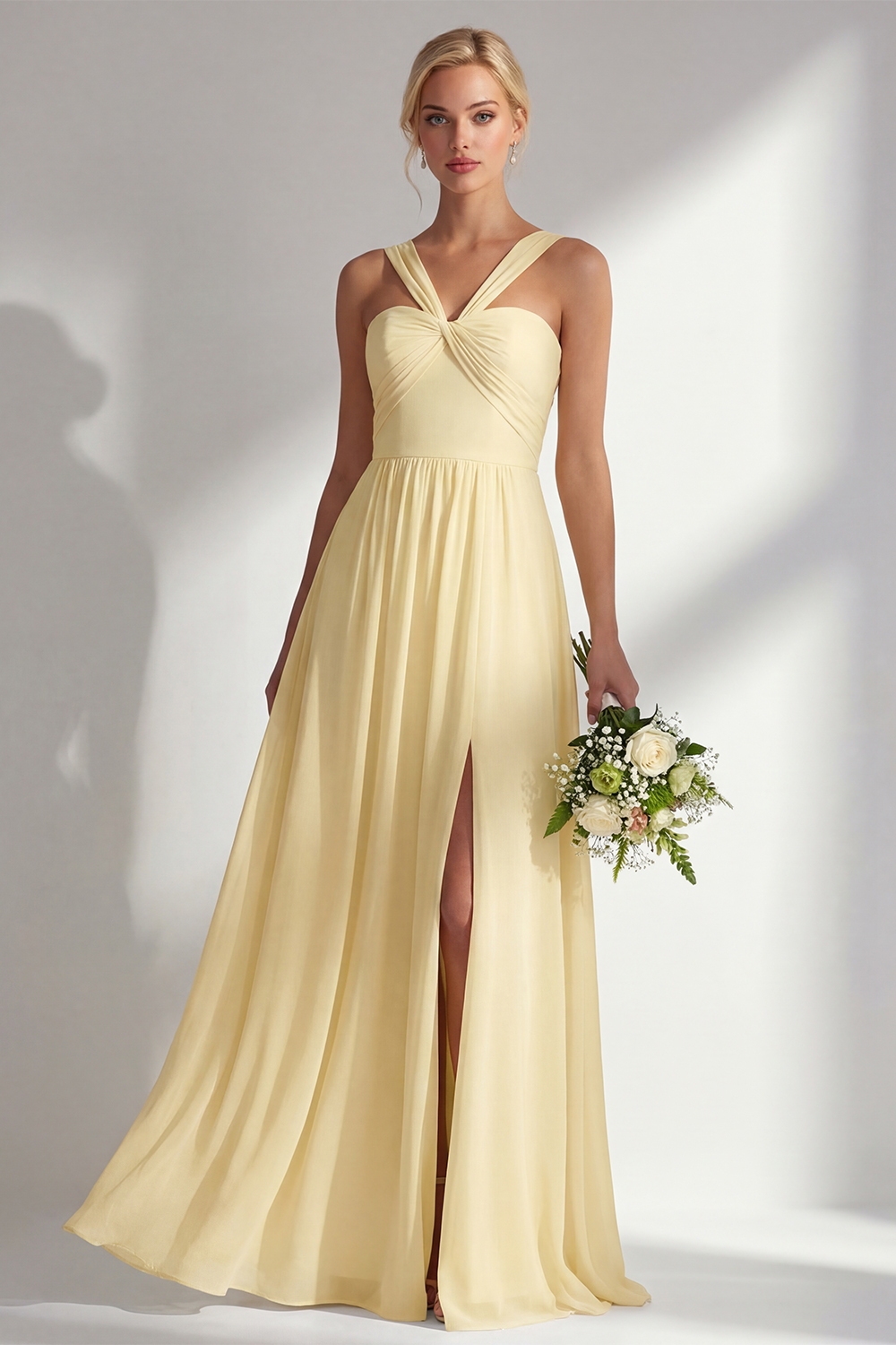 Yellow Chiffon Ruched Convertible Wear Backless A Line Long Bridesmaid Dress