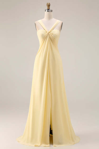 Yellow Chiffon Ruched Convertible Wear Backless A Line Long Bridesmaid Dress