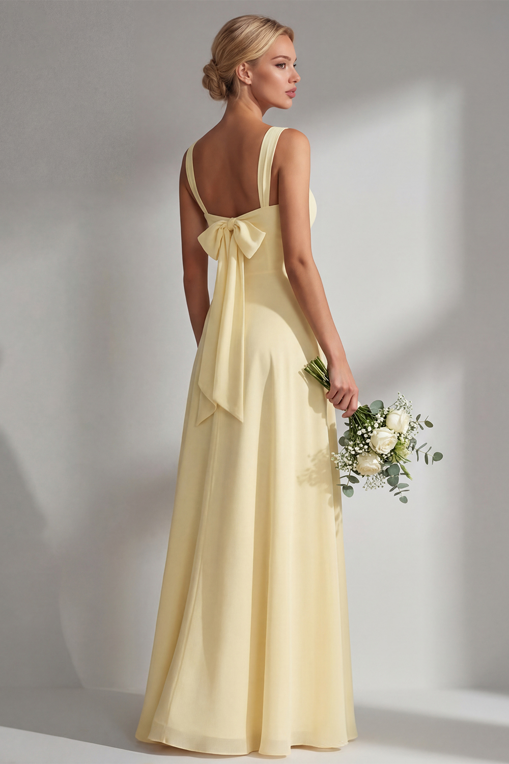 Yellow Chiffon Ruched Convertible Wear Backless A Line Long Bridesmaid Dress