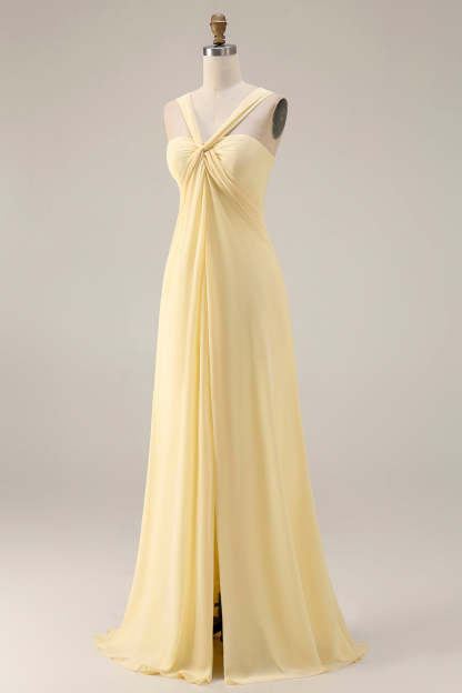 Yellow Chiffon Ruched Convertible Wear Backless A Line Long Bridesmaid Dress
