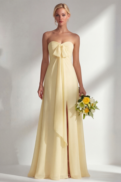 Yellow Chiffon Ruched Convertible Wear Backless A Line Long Bridesmaid Dress