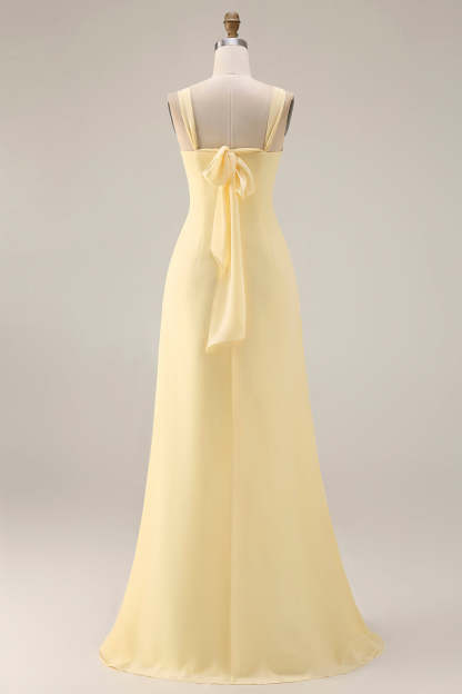 Yellow Chiffon Ruched Convertible Wear Backless A Line Long Bridesmaid Dress