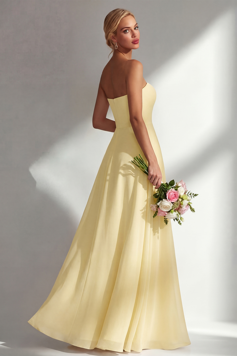 Yellow Chiffon Ruched Convertible Wear Backless A Line Long Bridesmaid Dress
