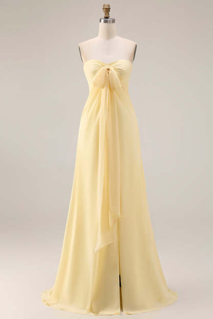 Yellow Chiffon Ruched Convertible Wear Backless A Line Long Bridesmaid Dress