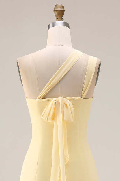 Yellow Chiffon Ruched Convertible Wear Backless A Line Long Bridesmaid Dress