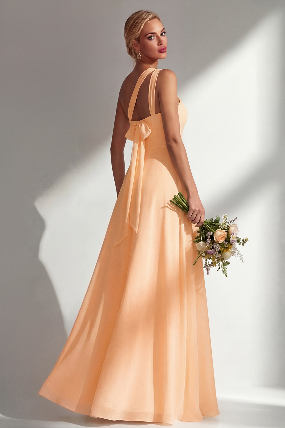 Yellow Chiffon Ruched Convertible Wear Backless A Line Long Bridesmaid Dress