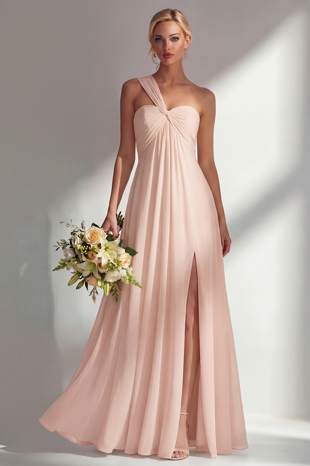 Yellow Chiffon Ruched Convertible Wear Backless A Line Long Bridesmaid Dress