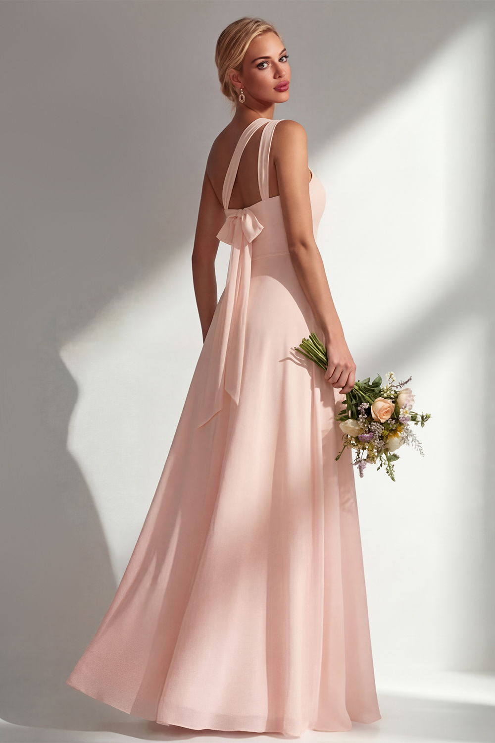 Yellow Chiffon Ruched Convertible Wear Backless A Line Long Bridesmaid Dress