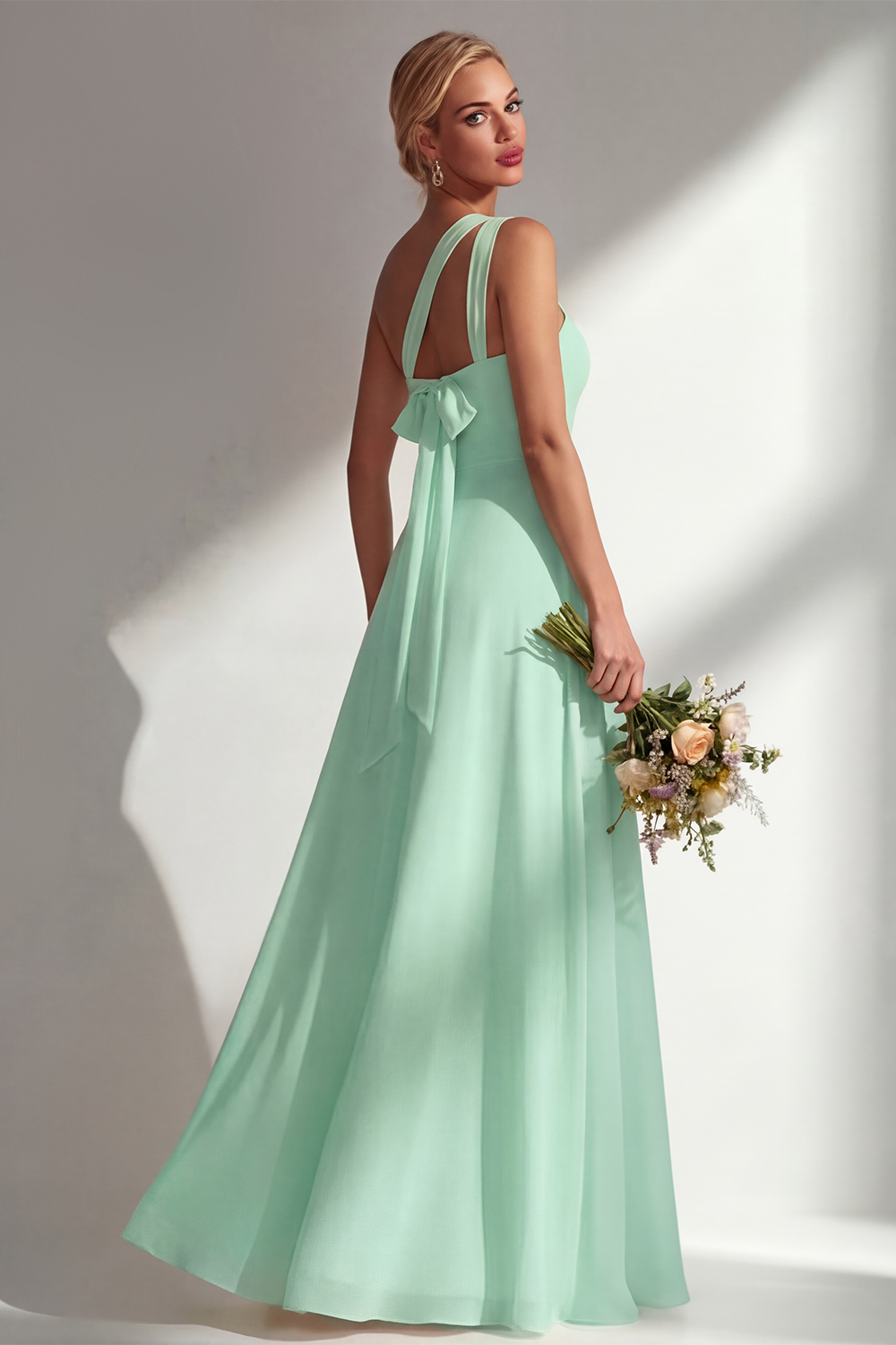Yellow Chiffon Ruched Convertible Wear Backless A Line Long Bridesmaid Dress