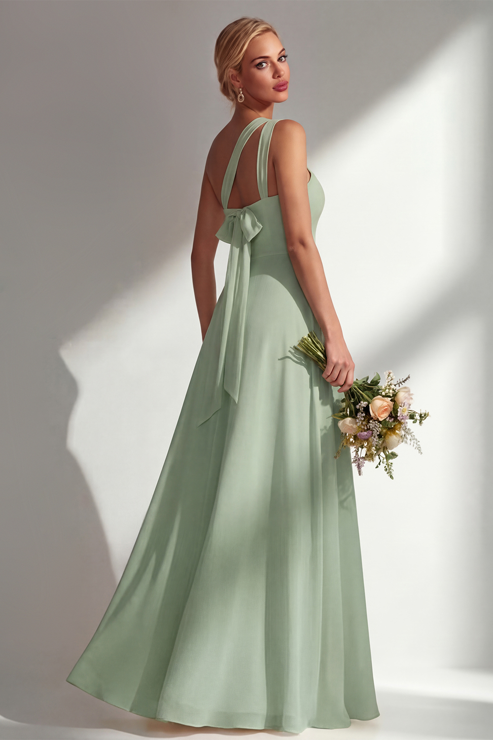 Yellow Chiffon Ruched Convertible Wear Backless A Line Long Bridesmaid Dress