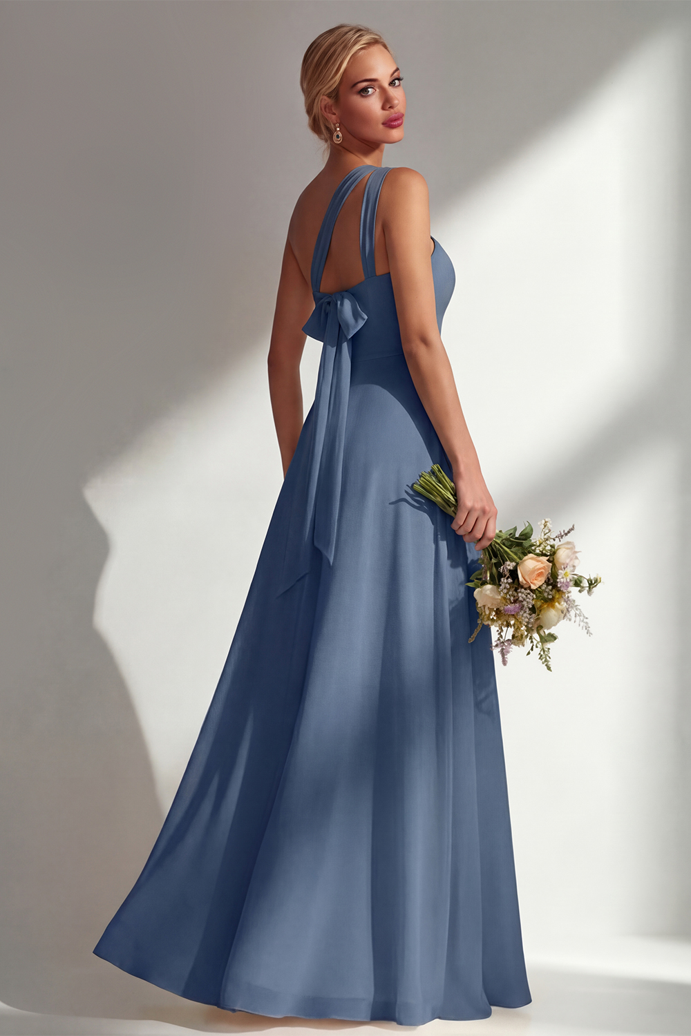 Yellow Chiffon Ruched Convertible Wear Backless A Line Long Bridesmaid Dress