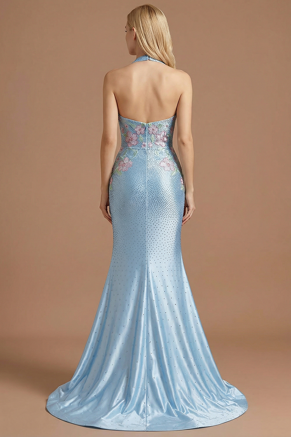 Sparkly Light Blue Floral Mermaid Halter Neck Long Prom Dress with Slit