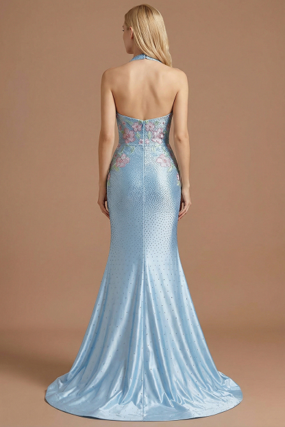 Sparkly Light Blue Floral Mermaid Halter Neck Long Prom Dress with Slit