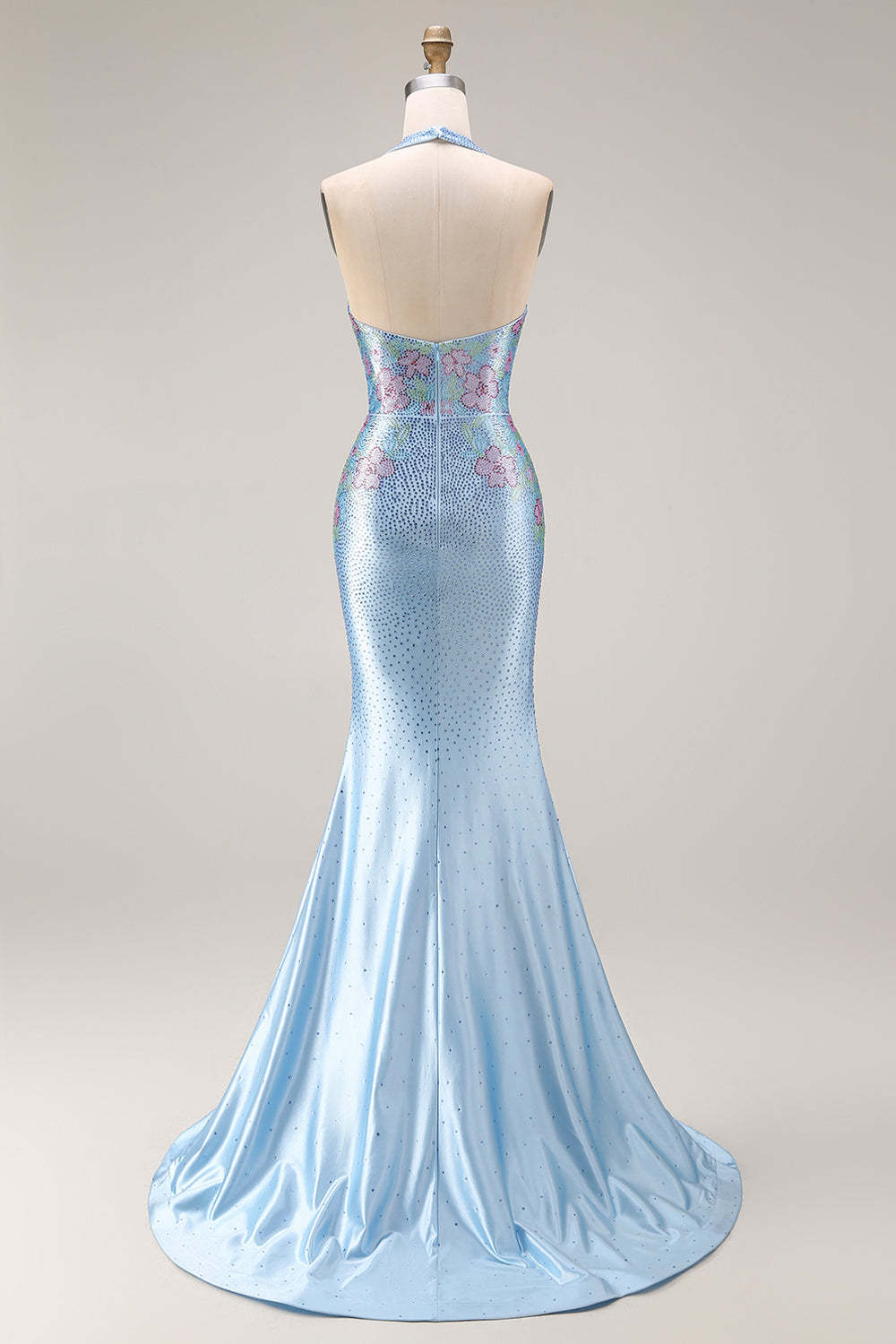Sparkly Light Blue Floral Mermaid Halter Neck Long Prom Dress with Slit