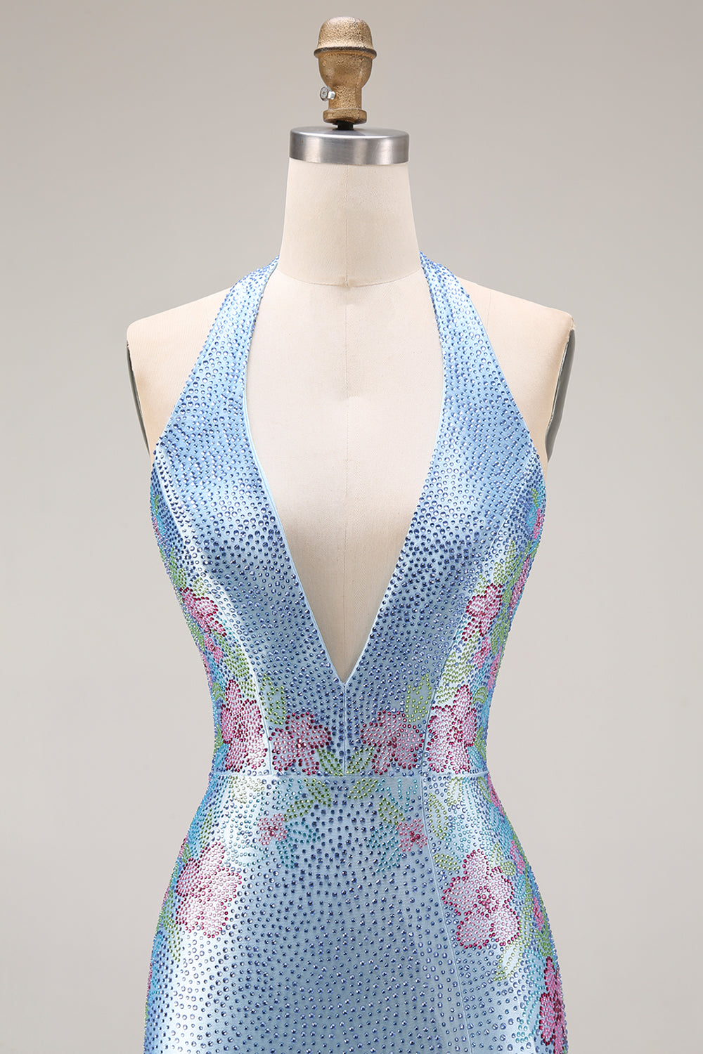 Sparkly Light Blue Floral Mermaid Halter Neck Long Prom Dress with Slit