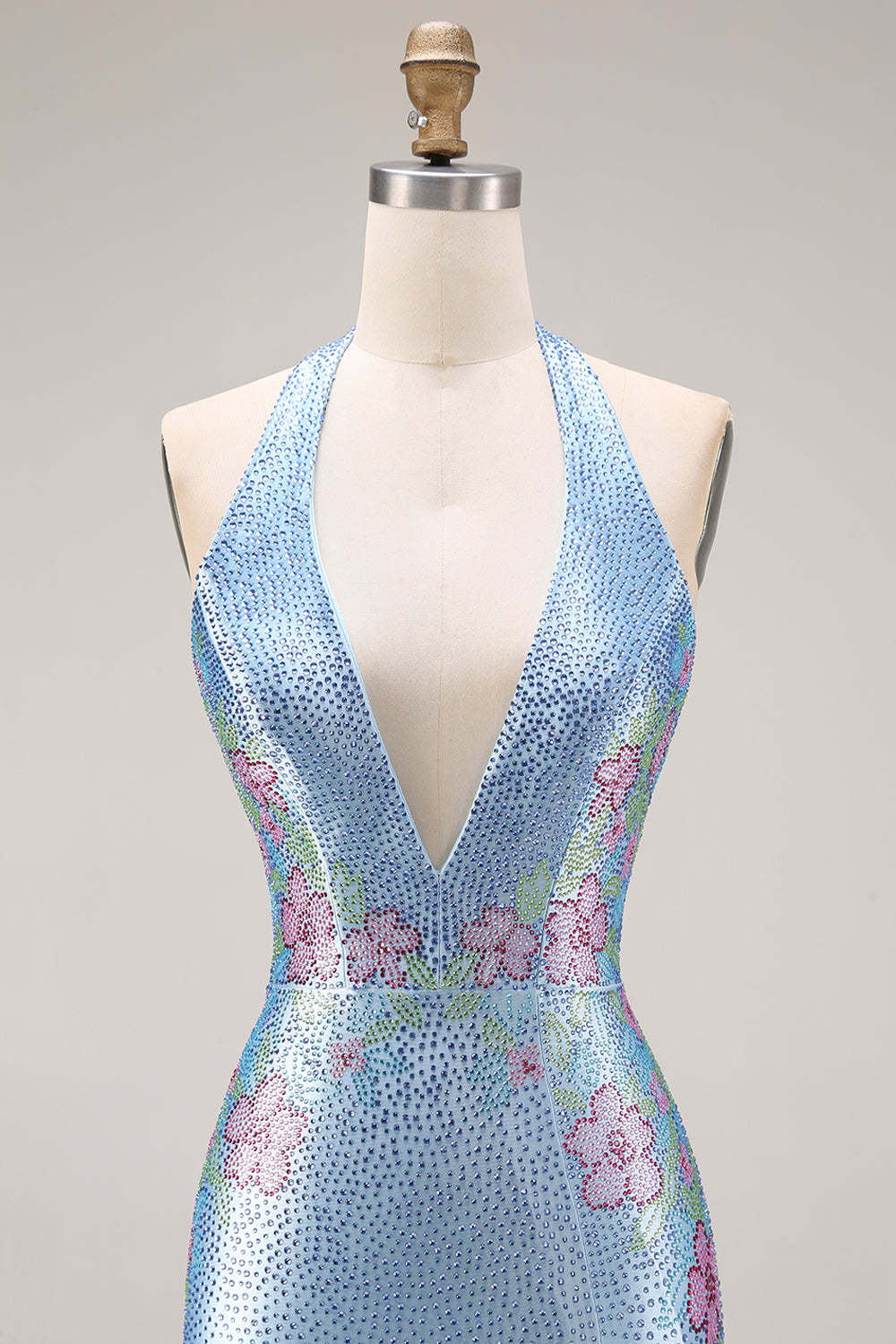 Sparkly Light Blue Floral Mermaid Halter Neck Long Prom Dress with Slit