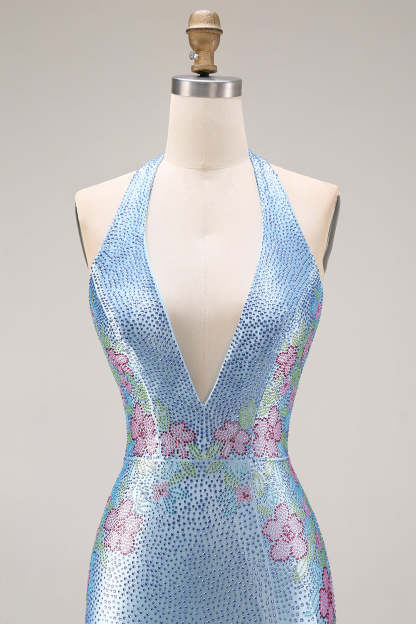 Sparkly Light Blue Floral Mermaid Halter Neck Long Prom Dress with Slit